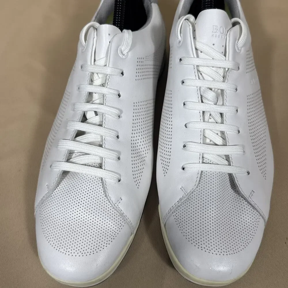 HUGO BOSS Mens Sneakers EU 41 White Leather Perforated Low Top Designer Shoes